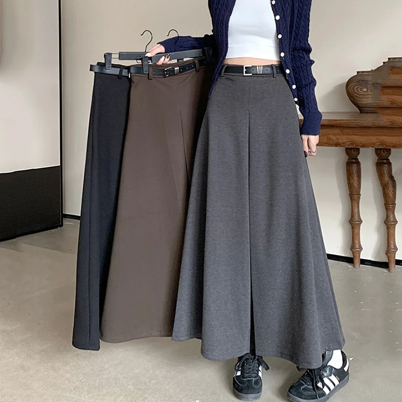 

Korean High Waist A Line Long Skirts Women with Waistband Preppy Style Pleated Skirt Woman Autumn Winter Woolen Mid Skirts Mujer