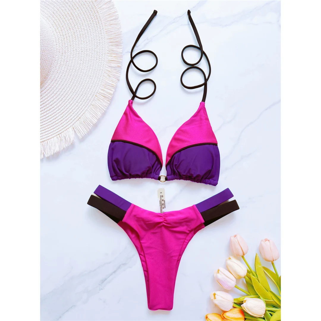 Splicing Neckholder High-Cut Brazilian Bikini Damen Bademode Zweiteiliger Bikini-Set Badeanzug Badebekleidung Schwimmanzug V6067 – Detail 33