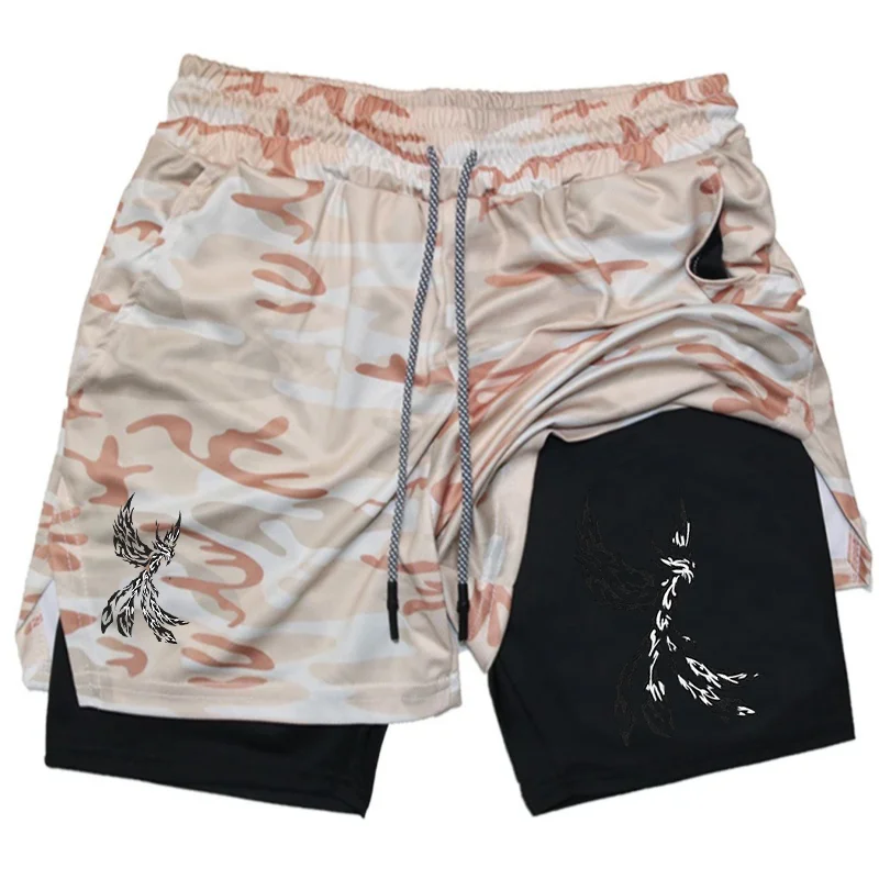 Phoenix Print 2 in 1 Running Shorts Men's Gym Fitness Training Quick Dry Short Pants Male Outdoor Sport Jogging Pocket Bermuda