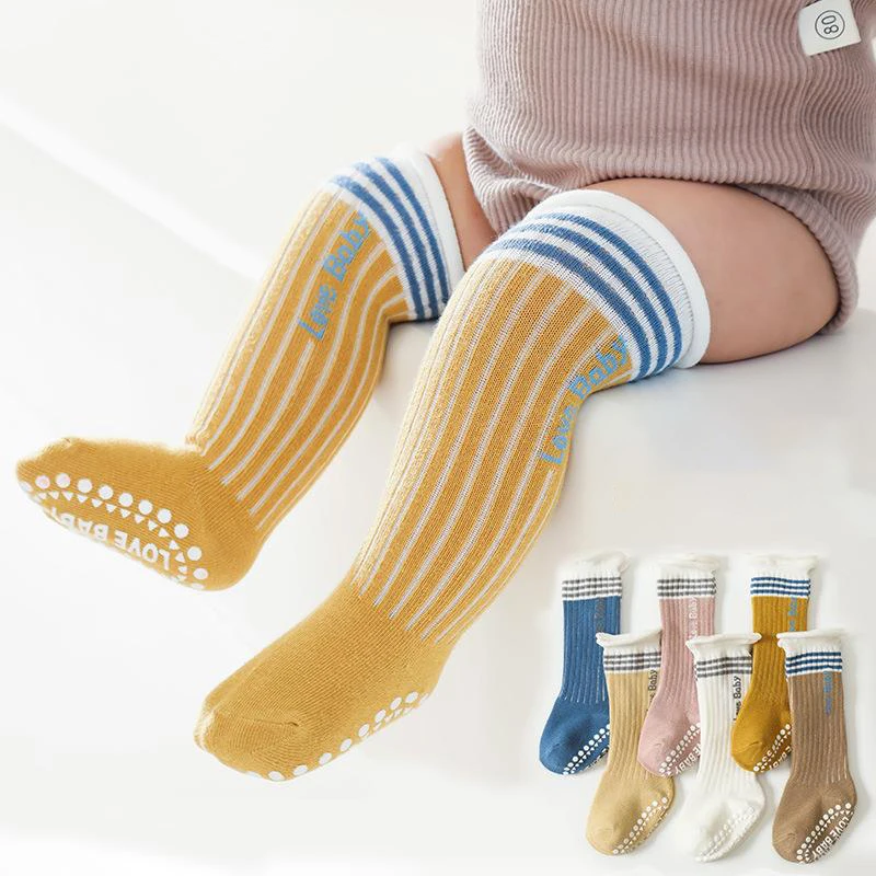 2 Pairs/lot 0-3Y Newborn Baby Socks Spring Autumn Pure Cotton Knee Length Non Slip High Tube Letter Striped Children Socks