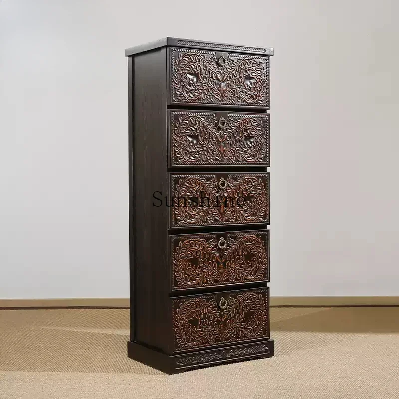 Thai solid wood carving flower retro chest of drawers, living room locker