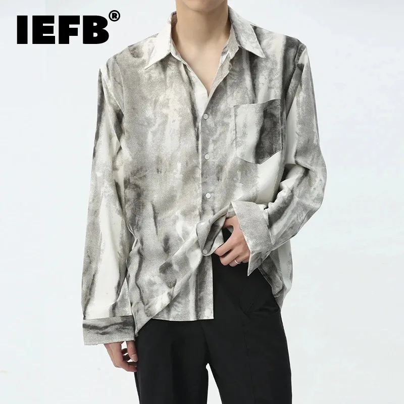 

IEFB New Shirt Korean Style Tie-dye Casual Single Breasted Long Sleeve Pocket Turn-down Collar Contrasting Color Male Top 9C5382