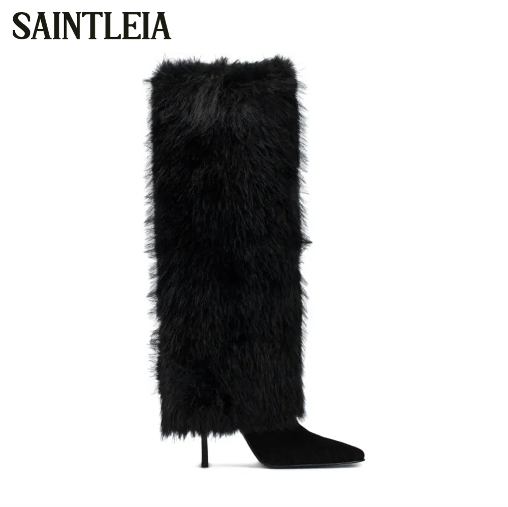 

Faux Fur Knee-High Stiletto Boots Sexy Pointed Toe Handmade Fashion Style Warm Winter Boots Designer Style Women Fur Boots