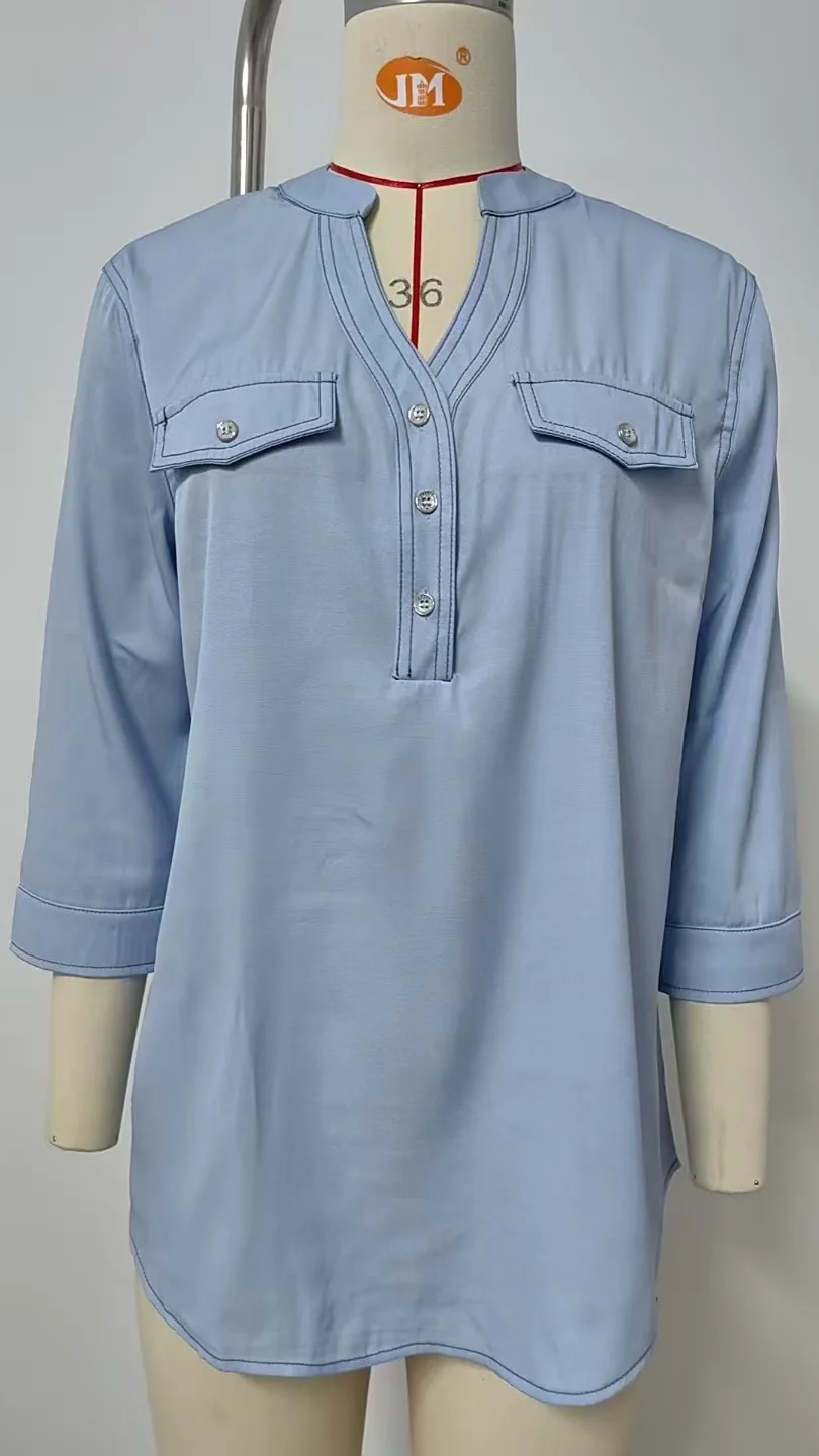 Bluzka damska Casual Shirts V Neck Full Sleeve Buttons Solid Color Loose Top 2025 Spring Summer Streetwear Female Overshirt