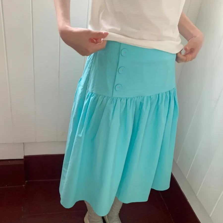 Dopamine Button Midi Skirt Elegant Japanese Style Women's Casual A-Line Skirt Comfortable Loose Fit Mid-Length Zipper Back