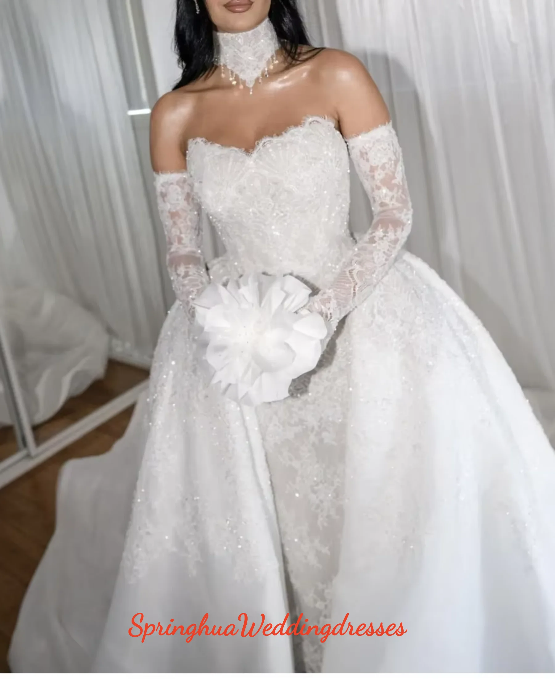 Customized Romantic Sweetheart Lace Mermaid Wedding Dress Strapless Sheath Decoration Bridal Detachable Tail Vestidos De Novia