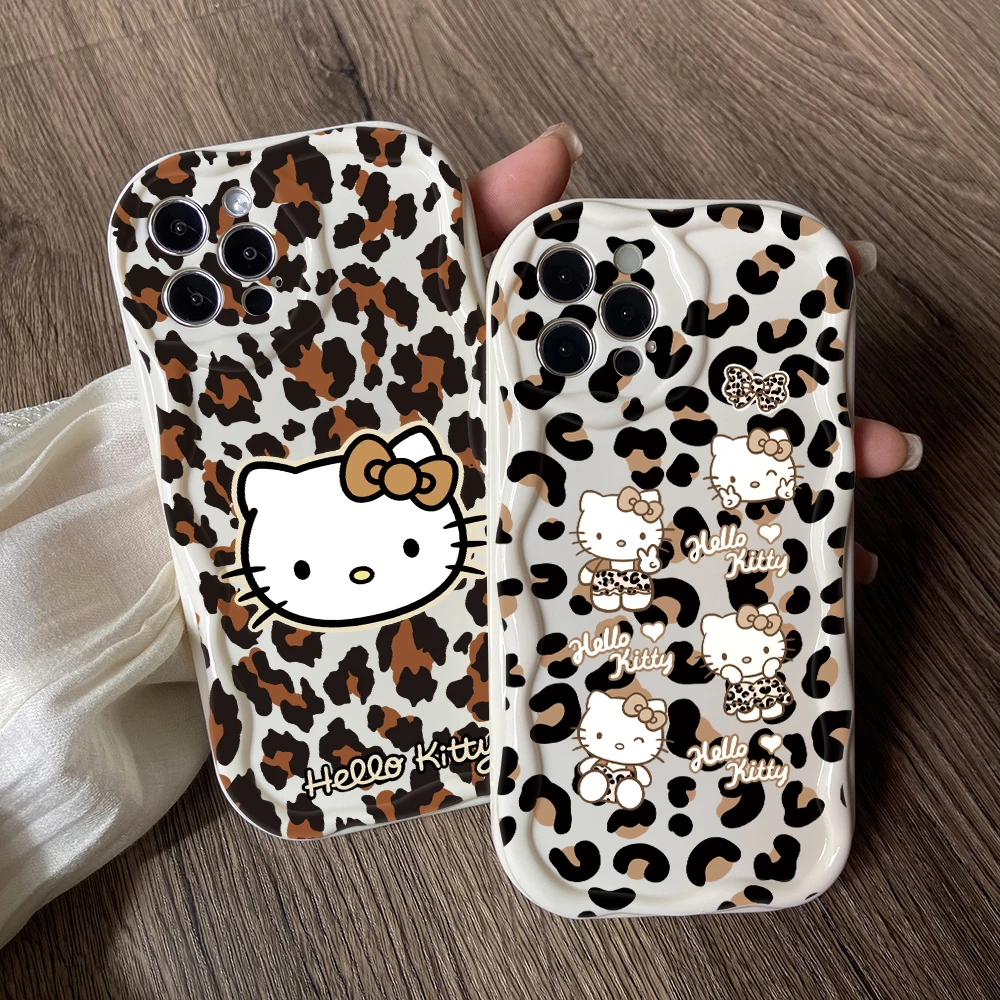 Leopard Print Hello Kitty Phone Case for Vivo Y50 Y36 Y35 Y30 Y28 Y22 Y21 Y20 Y15s V30e V27e V23 S12 4G 5G 3D Creamy Wave Cover