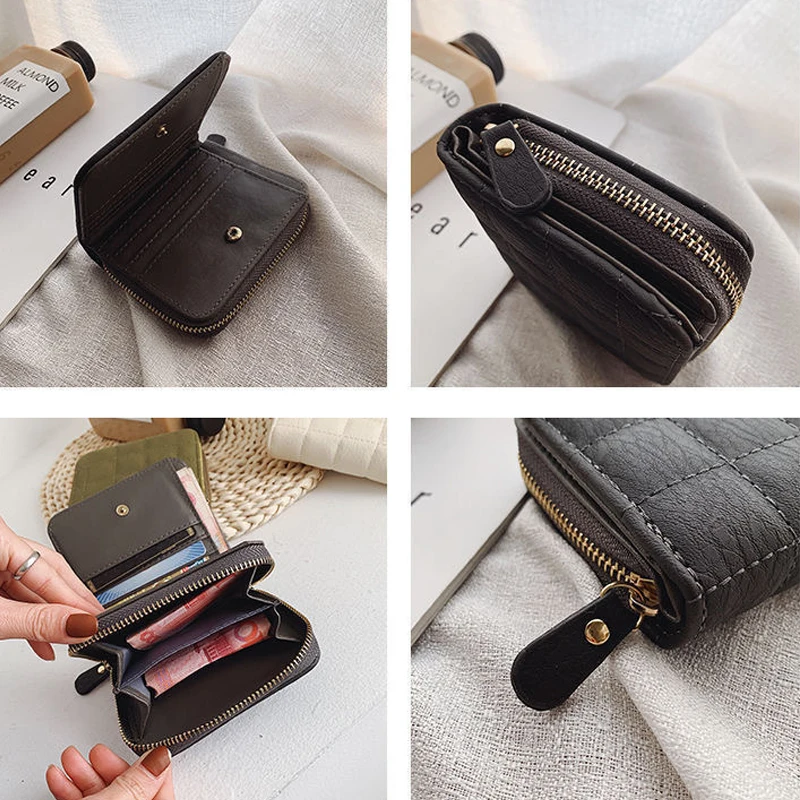 Portafoglio piccolo da donna Portamonete compatto con cerniera Portamonete in tinta unita alla moda Pochette con scomparti multipli per carte