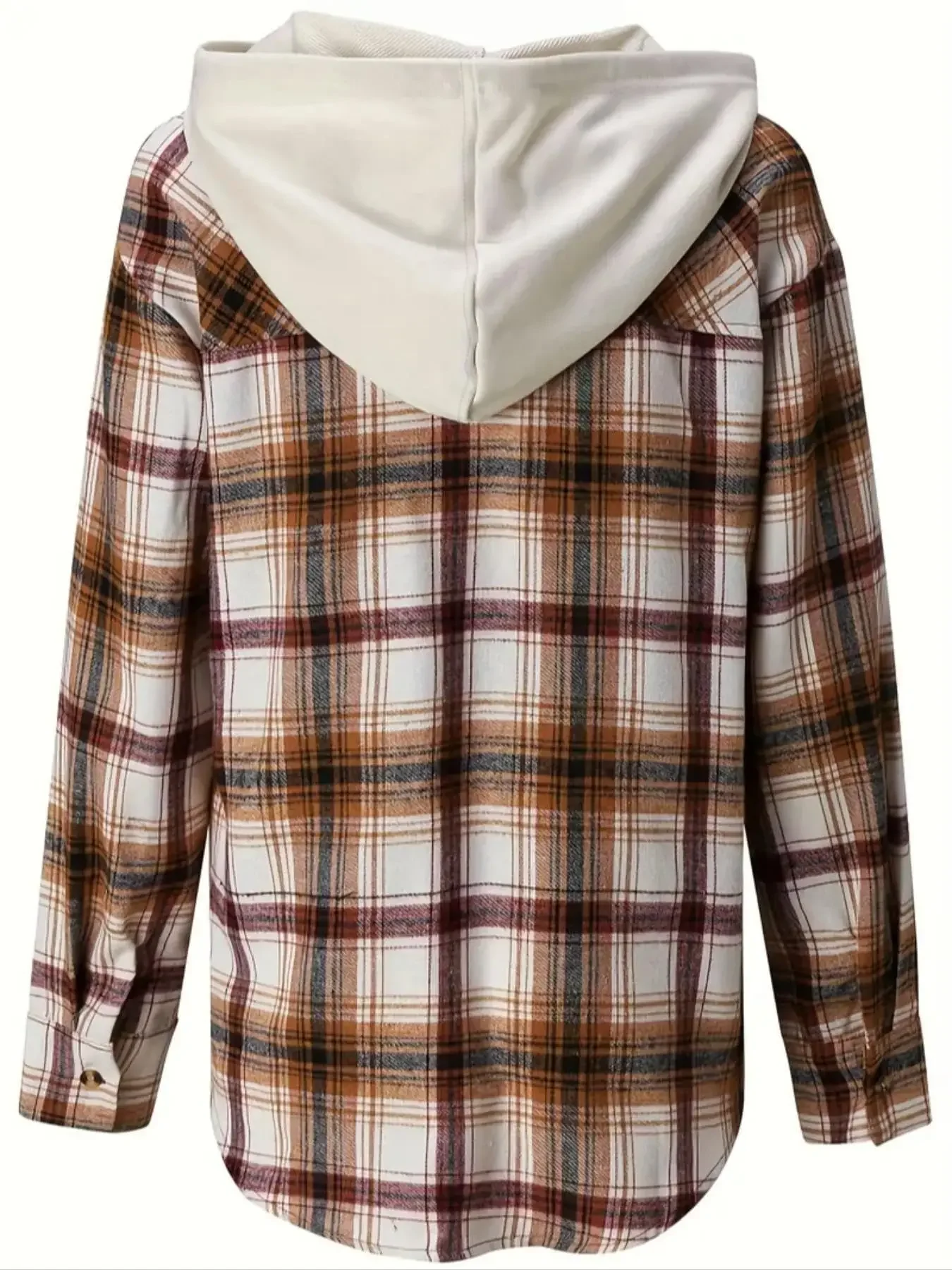 Women Vintage Brown Beige Plaid Hooded Shirt Long Sleeve Drawstring Hood Loose Button Down Checkered Shacket