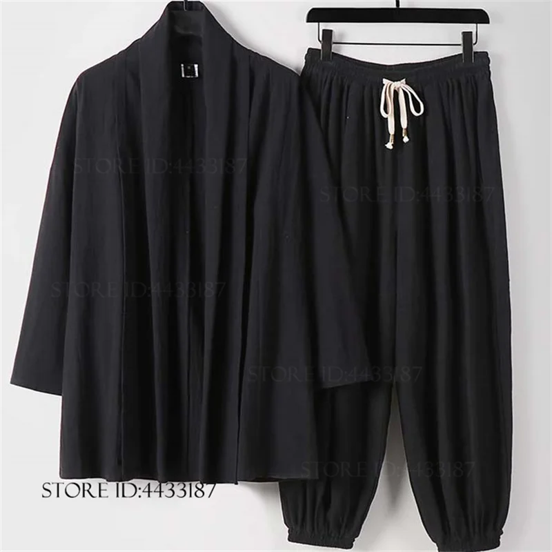 loose-cotton-linen-men's-kimono-cardigan-coat-pants-2pcs-set-traditional japanese samurai-costume harajuku yukata haori big-size