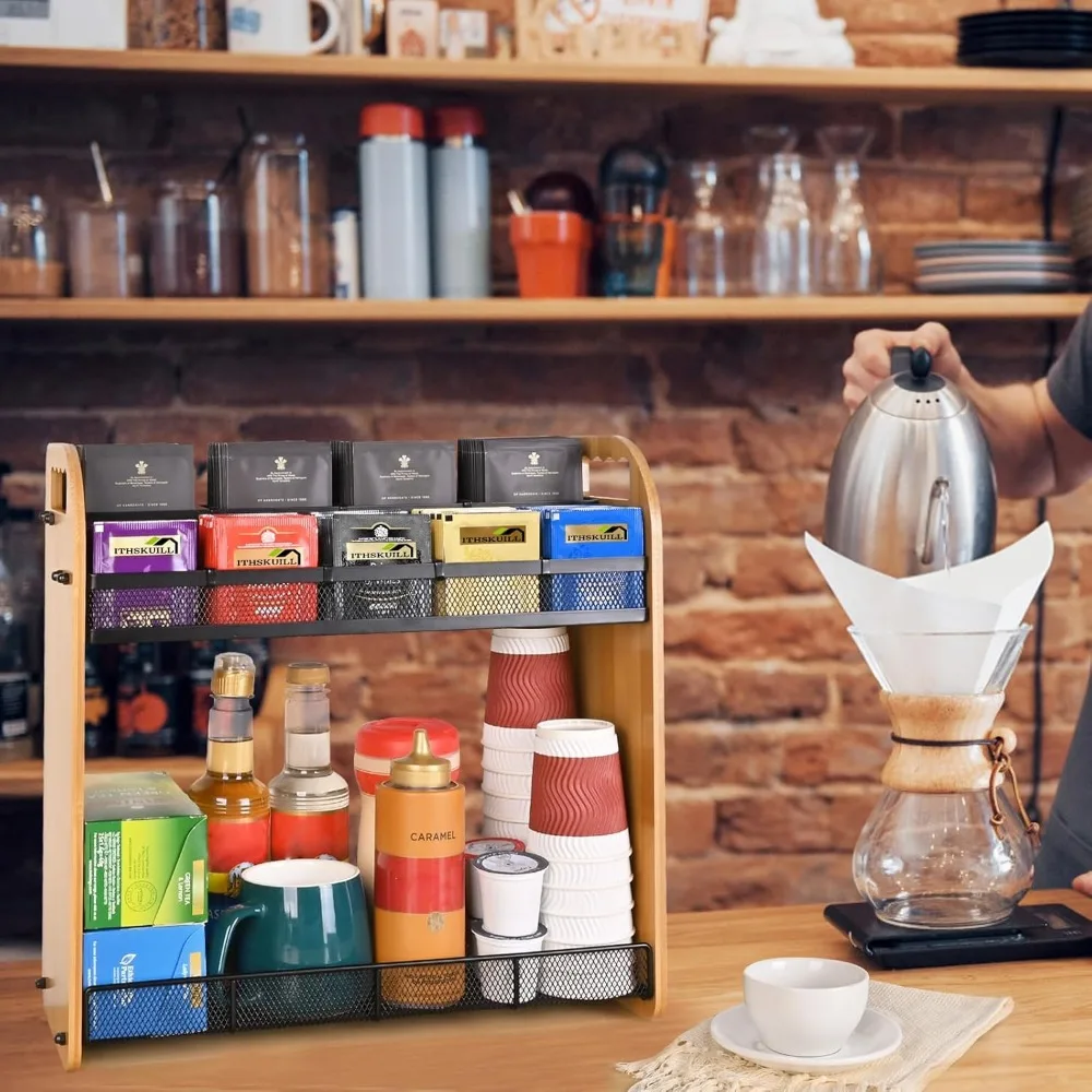 Large Capacity Bamboo Tea Bag Organizer with Adjustable Compartments, Wall Mount or Desktop Storage for Home Kitchen Office