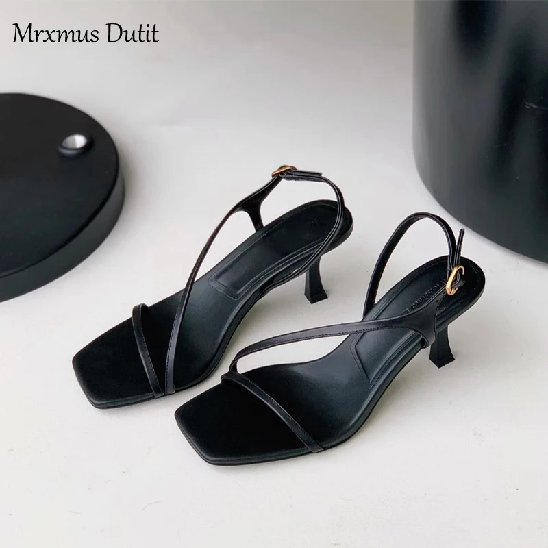 Mrxmus Dutit 2023 Summer Fashion New Women Genuine Leather Square Head Thin High-heel Sandals Solid Simple Casual Shoes Female