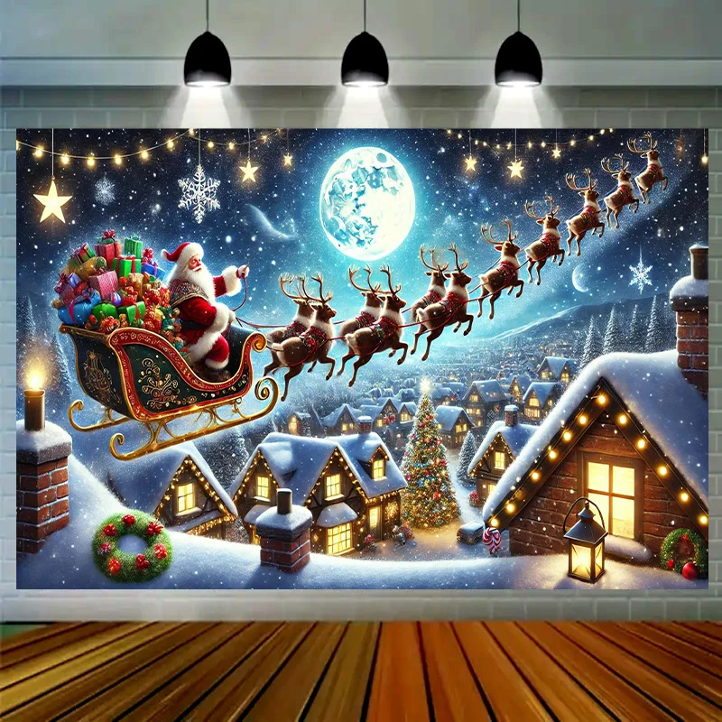 Large Christmas Wall Tapestry Santa Claus Reindeer Flying Sleigh Snowy Village Holiday Decor Art Mural Poster Decoration Print