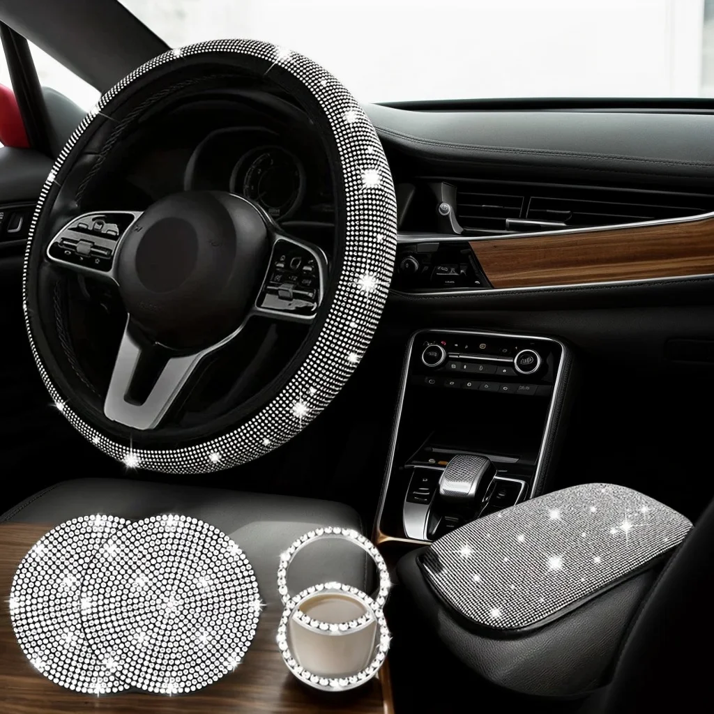 

7-Piece Glittering Car Parts Kit - Diamond Steering Wheel Set Auto Accessories