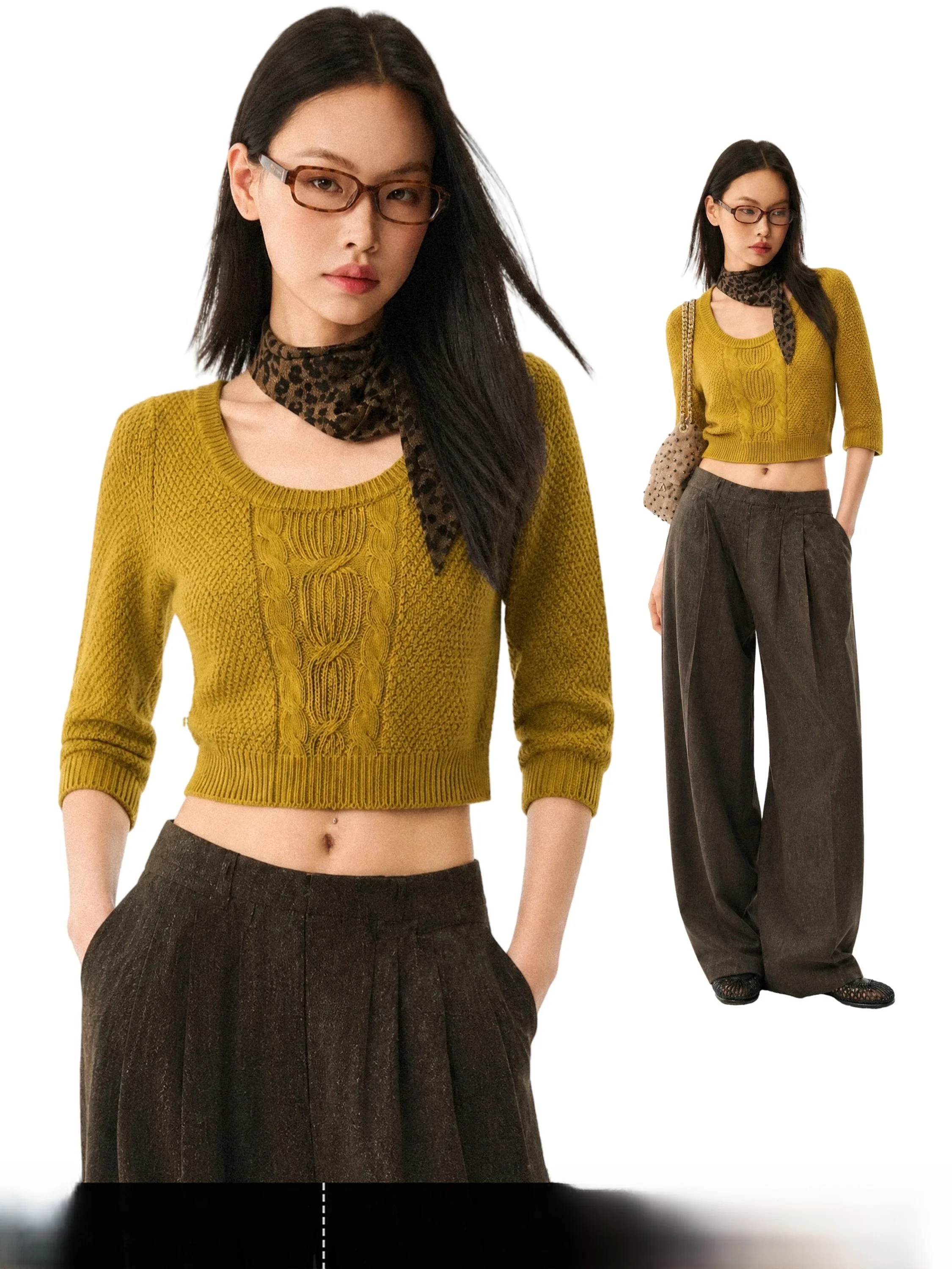 GoGo Burn American Style Yellow Twist U-Neck Seven-Quarter Sleeve Sweater Women's Autumn New Waist-Cinching Slim Short Top