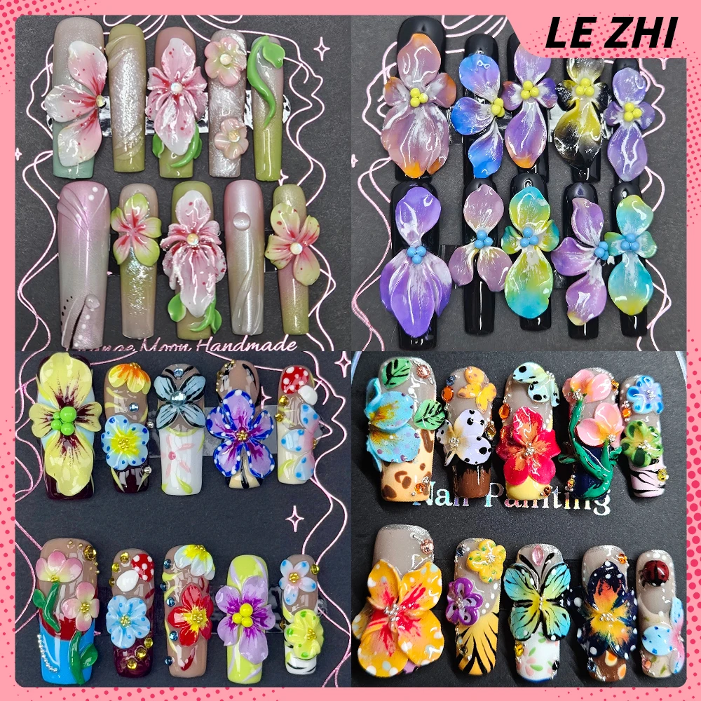 

Y2K French Style Long Square Almond Handmade Detachable Press On Nail 3D Colorful Flowers Water Drop Diamond Pearl False Nail