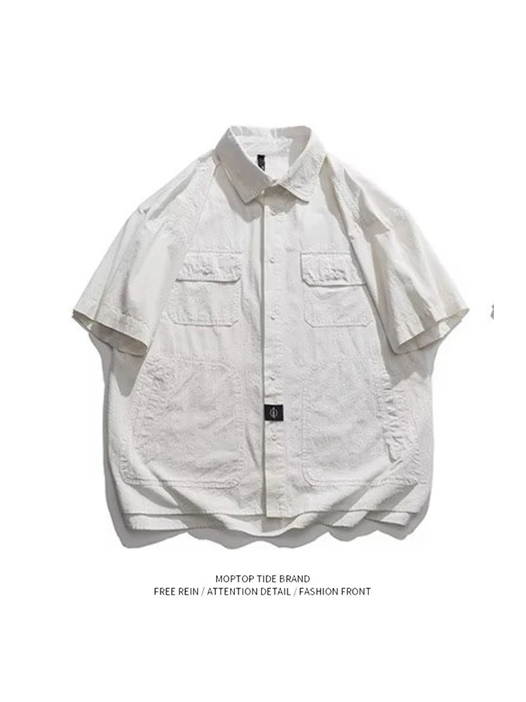 Mr. WH Summer American Style Loose Casual Half Sleeve Work Shirt Men's Loose Fit Lightweight Polyester Fiber Youth Popular