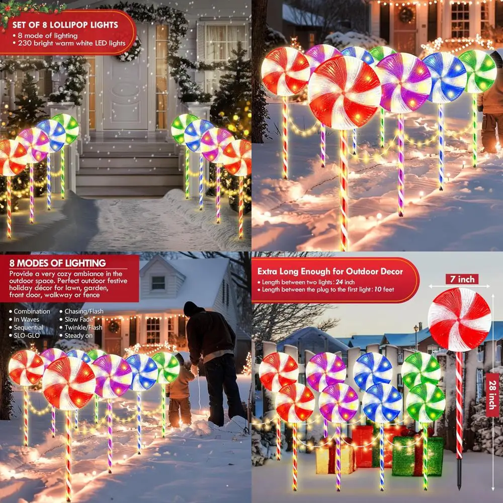 8 عبوات من مصابيح عيد الميلاد LED مقاس 28 بوصة مع 8 أوضاع، وديكور مسار بطول 24 قدمًا، وإضاءة خارجية ملونة