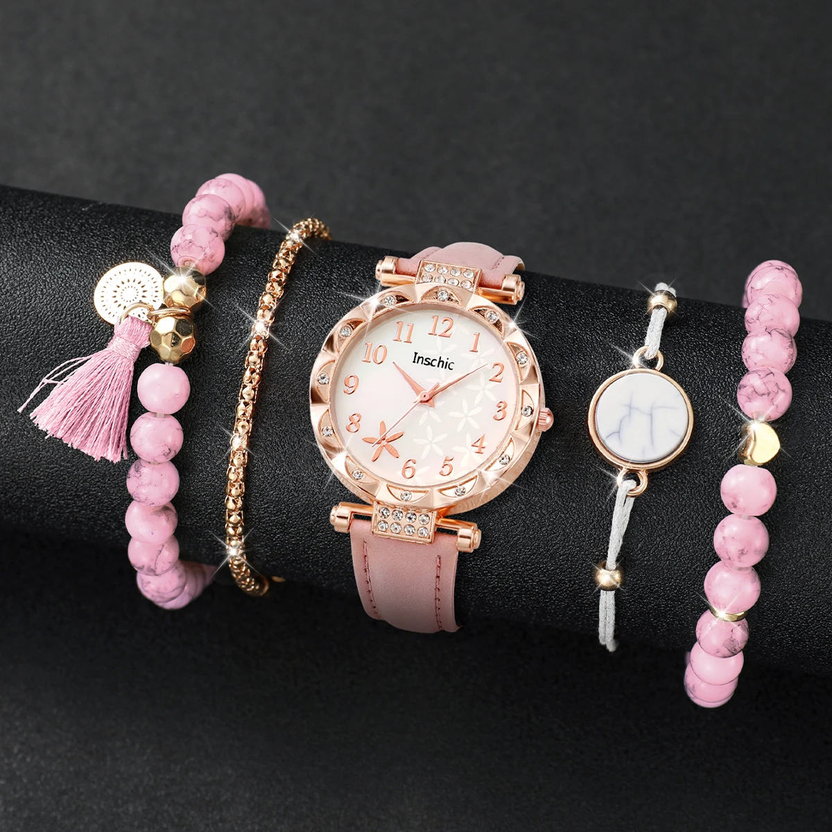 5PCs/Set Women\'s Flower Leather Quartz Watch Pink Bead Set