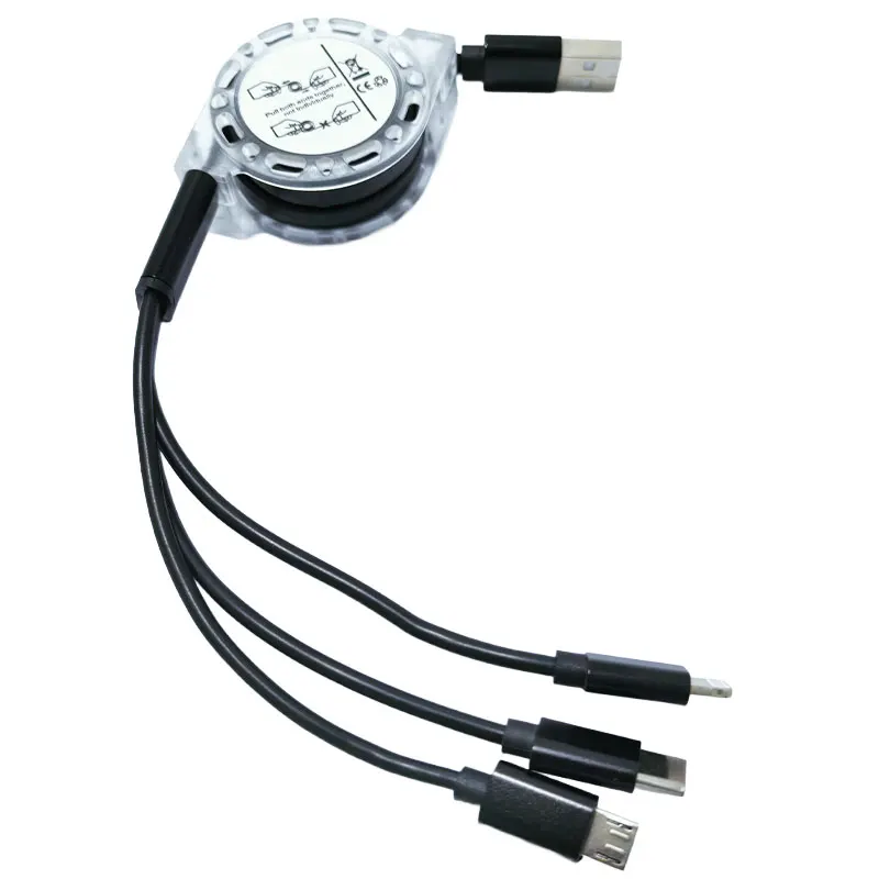 3 in 1 USB Cable For Lightning Type C Micro USB Fast Charging Cable Type-C Retractable Charger Cord