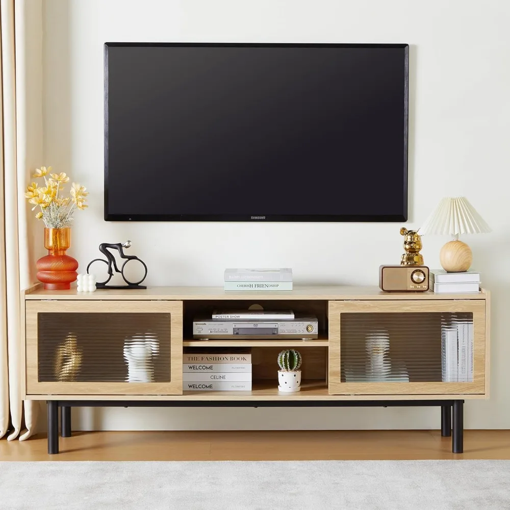 

TV Stand, Modern TV Stand Up to 70 Inch TV, Entertainment Centre with Glass Sliding Door and Adjustable Shelves, TV Console