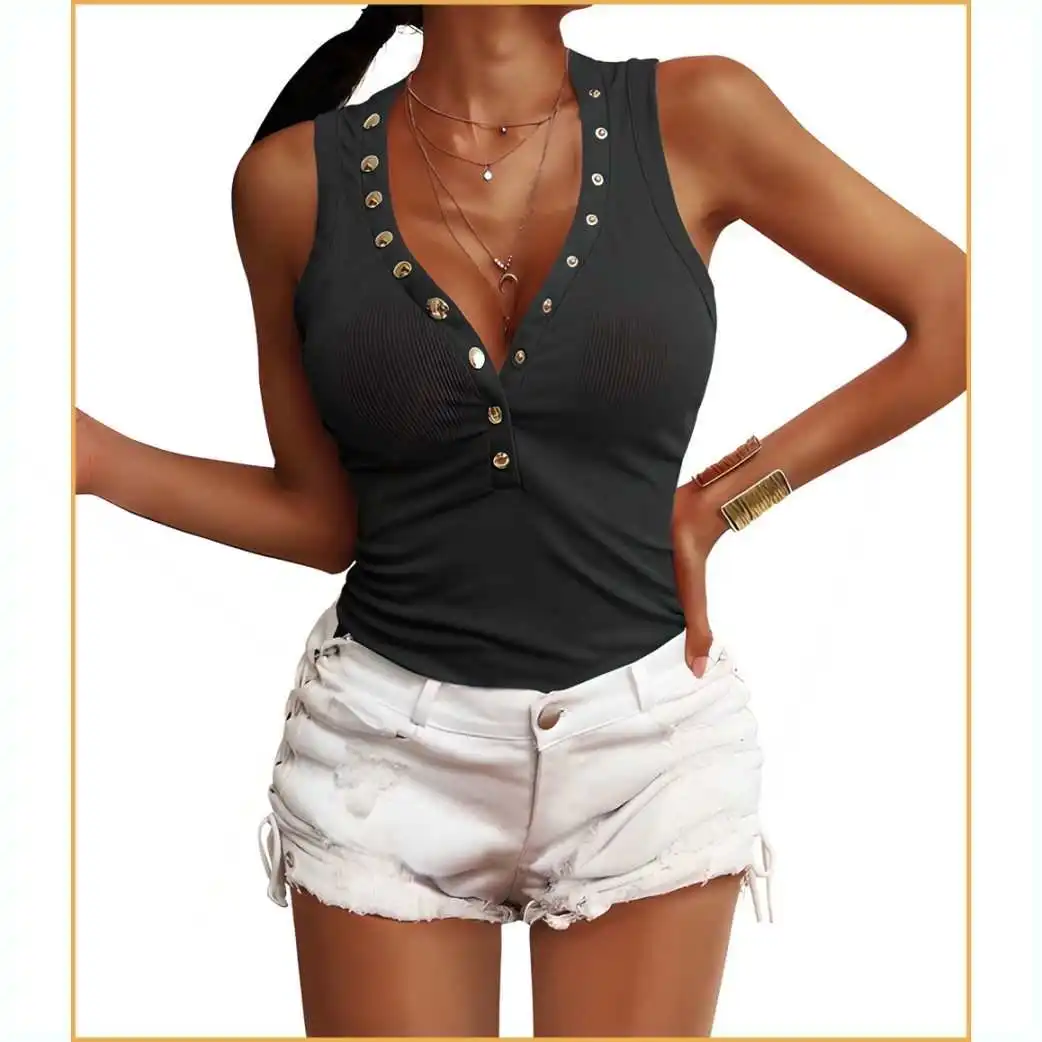 

Women's Slim Fit Vest Top T-irt Cross Button Design Summer New Sle Casual Cotton Blend Thin Fabric Warmth for Spring