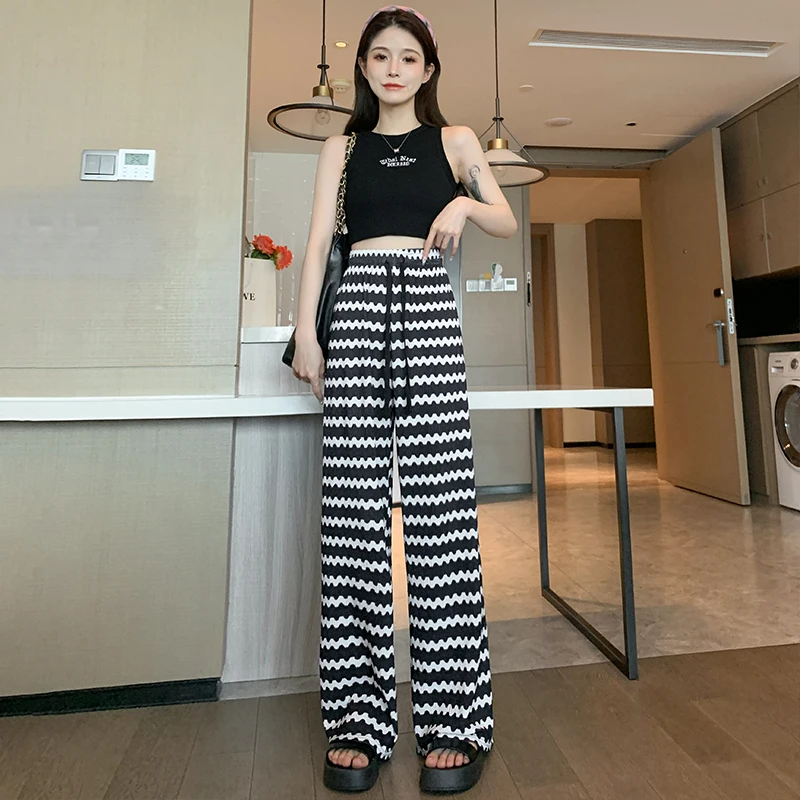 

Casual Ice Silk Striped Pants Female Thin Section Draped Elastic High Waist Wide Leg Pants Hundred Straight Pants Loose Trousers