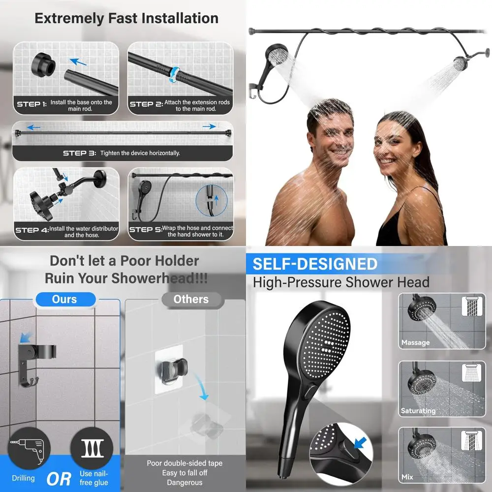 

Couples' Dual Shower System: High-Pressure Showerheads with Handheld for Two, 3-Setting Adjustable Black Shower Fixture