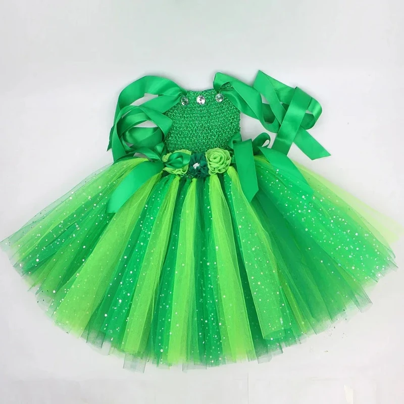 Glitter Green Fairy Costume for Girls Forest Ivy Flower Fairy Tutu Dress Baby Kids Halloween Birthday Party Tulle Princess Dress