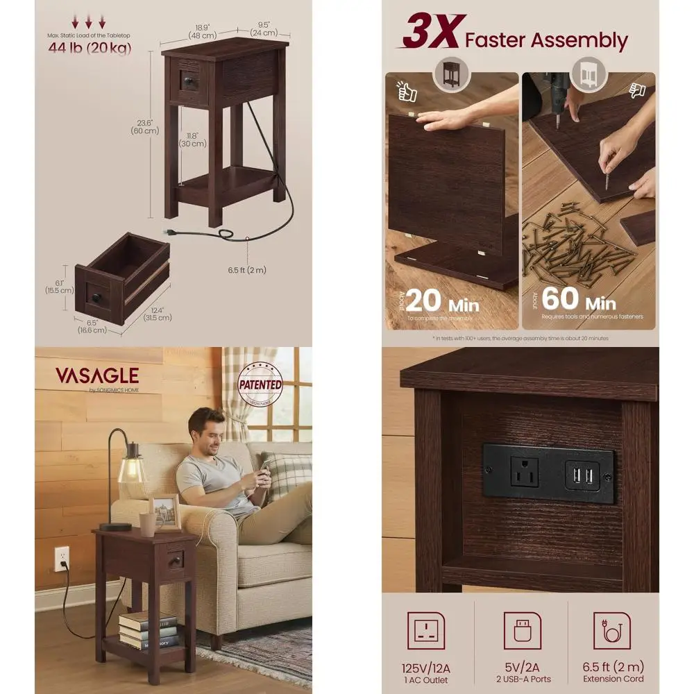 

Saddle Brown Storage End Table with Charging Station, Slim Side Table, Easy Assembly, Ideal for Living Room or Bedroom