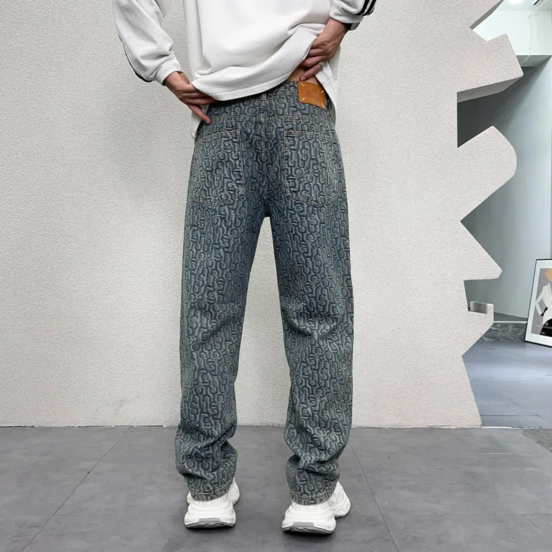 Männer Streetwear Mode Hip Hop Jacquard lose lässige Jeans hose gerade Jeans Hose y2k Jeans