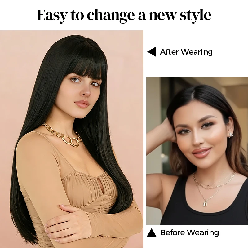 Peruca preta reta com franja tipo cortina, com franja loira, perucas de cabelo natural para mulheres, resistentes ao calor