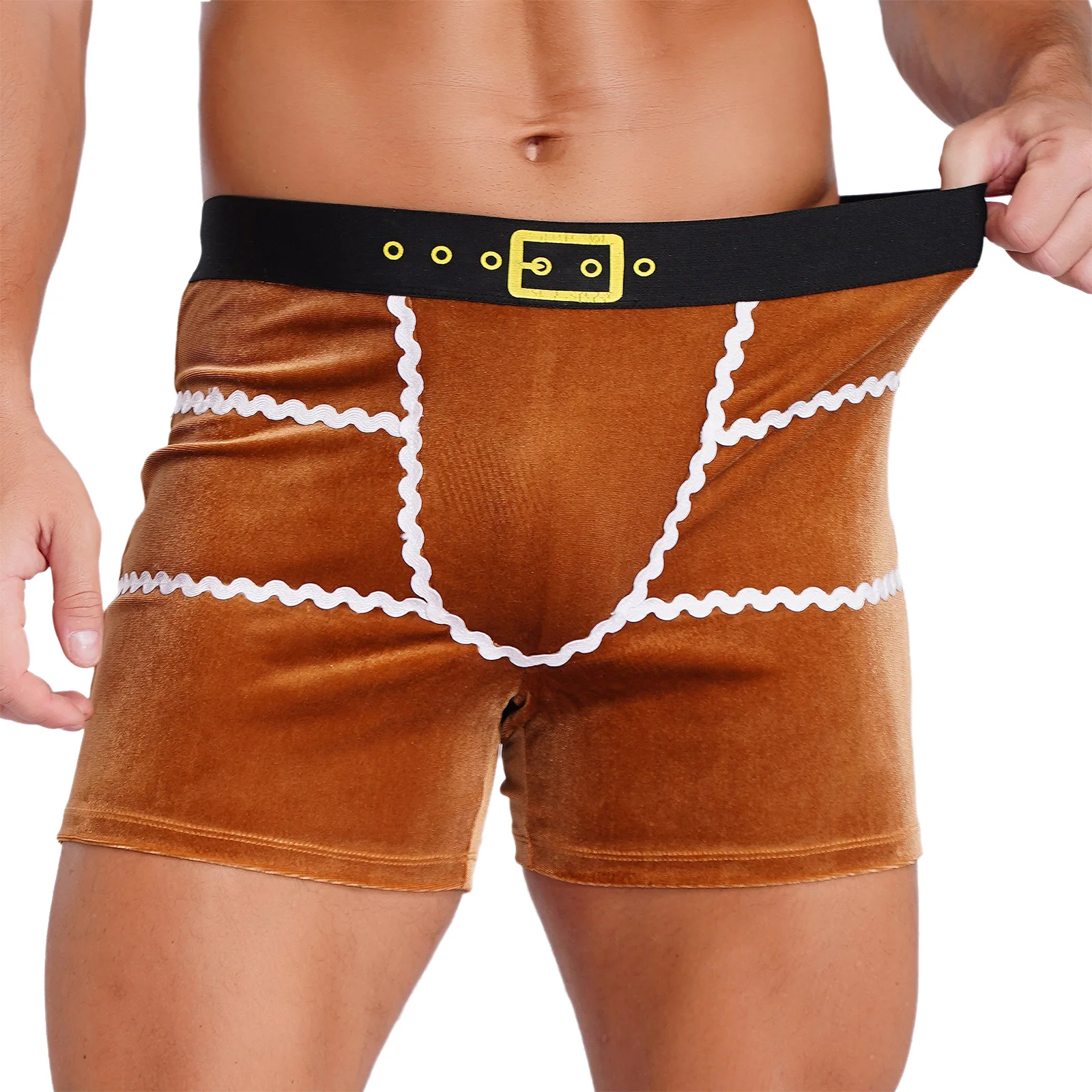 Mens Gingerbread Boxers with Wavy Ribbon Christmas Parties Costume Pleuche Elastic Waistband Decoration Boxers Shorts Bottoms