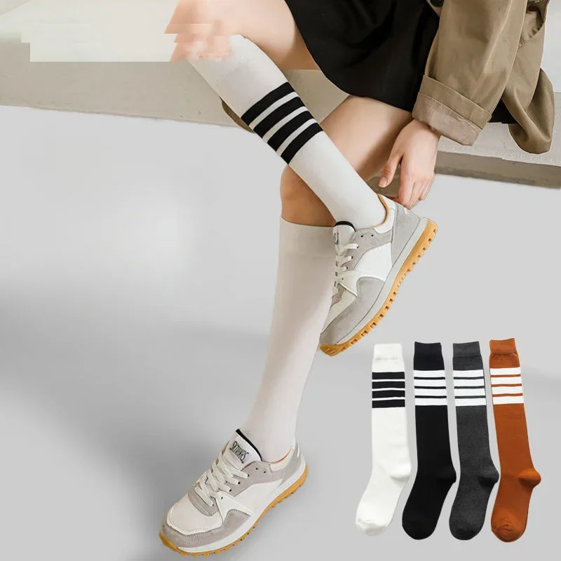 Korean Black White Women Long Socks Yoga Calf Cotton Socks Knee Socks Fashion Ladies Knee High Striped Girls School Lolita Sox