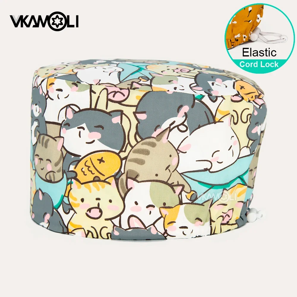 Servizio sanitario scrub cappelli da donna cappellini con stampa di cartoni animati fibbia elastica regolabile cappello da lavoro di bellezza per animali domestici in cotone 100% per capelli lunghi