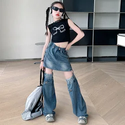 New Childrens Clothing Set Summer Girls Bow Print Tank Top T-shirt+Fashion Two Section Jeans Leg Mini Skirt 2pcs Set Clothing 9T