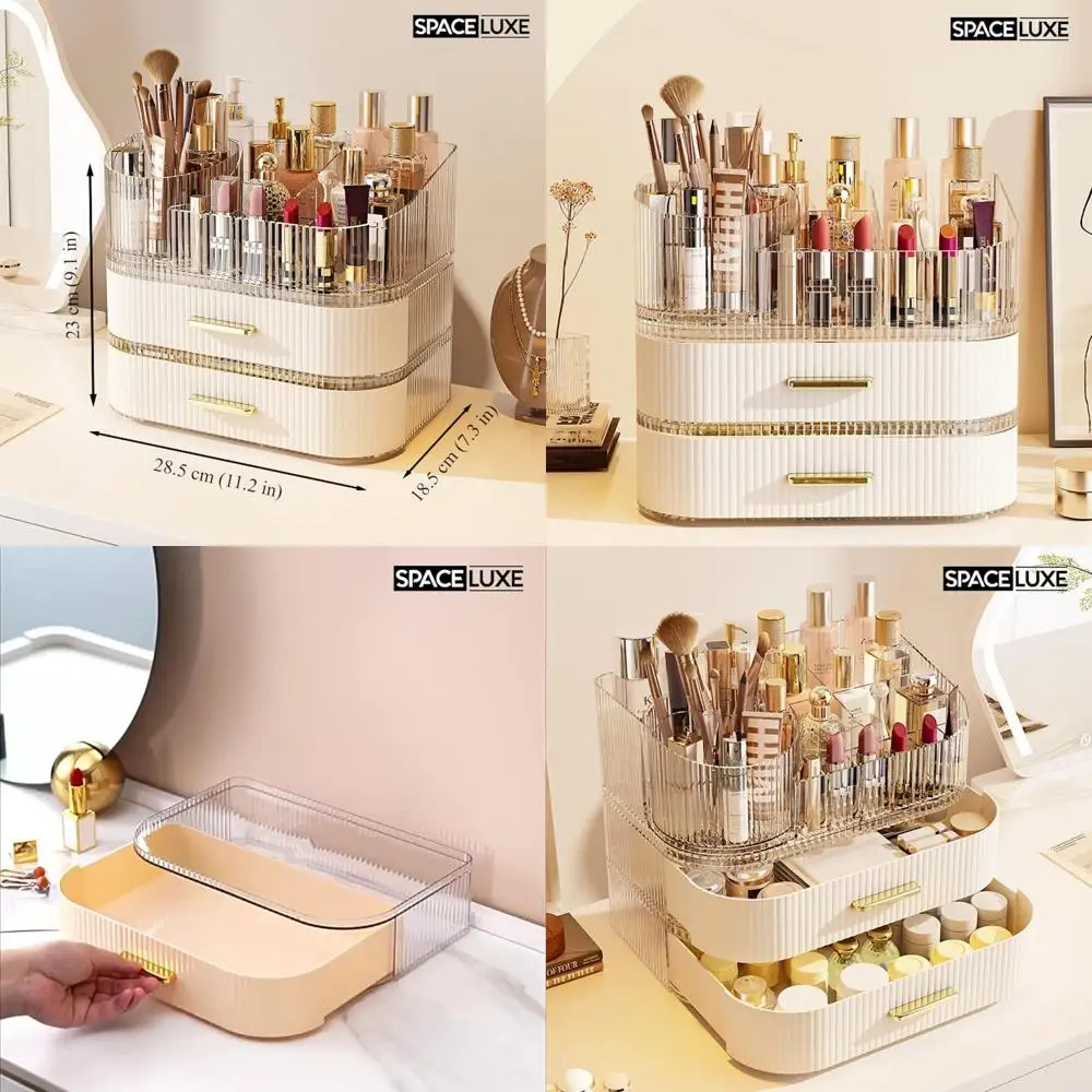 

3-Tier Cream White Makeup Organizer with Rotating Brush Holder & Large Capacity for Vanity, Skincare, Perfume, Hair Accessories,