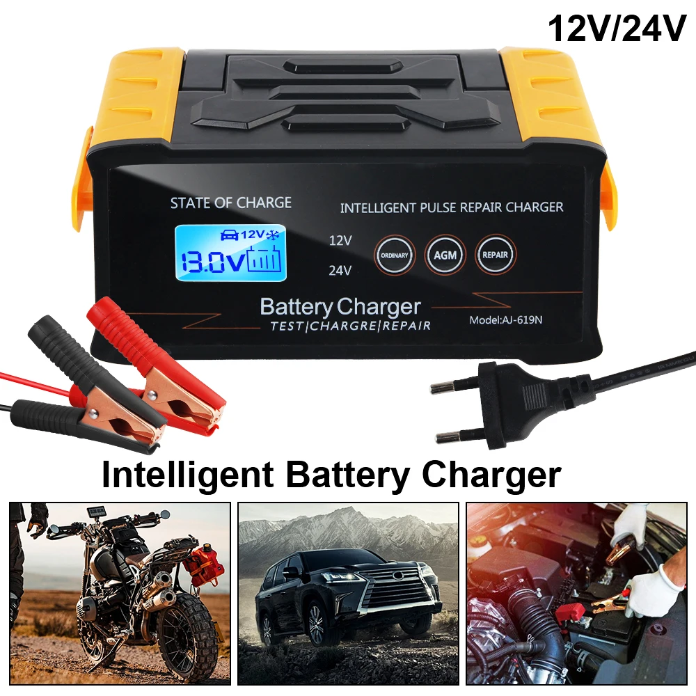 Smart Car Battery Charger High Power Motorcycle SUV Truck Pulse Repair Battery Charging LED Display 12V 24V 300W Multifunctional