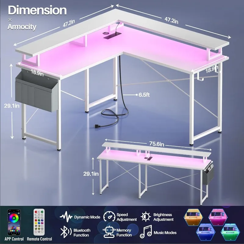 Bureau d'ordinateur en forme de L avec prises de courant, bureau de jeu en forme de L avec lumières LED, bureau d'angle avec étagères de rangement