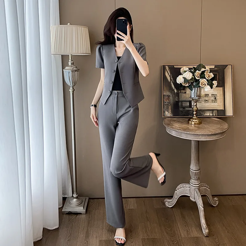 Pink Short Sleeve Casual Small Suit Suit Women's Summer Slimming Elegant Socialite Goddess Temperament Wide Leg Pants Two-Piece