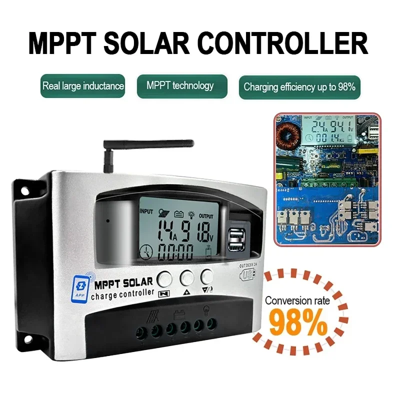 10A 20A 30A 40A Step-down MPPT Solar Controller 12V/24V/36V/48V/60V Dual USB Bluetooth Wifi APP Remote Photovoltaic Controller