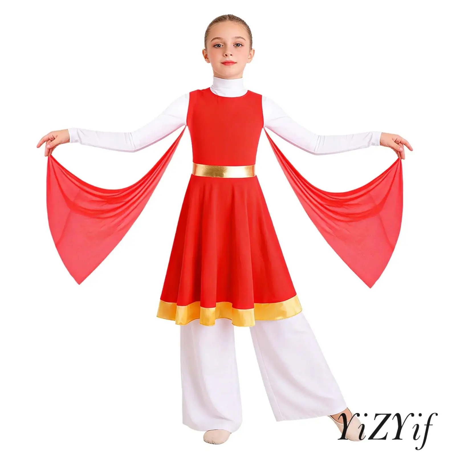 

Kids Girls Loose Fit Praise Modern Lyrical Dance Dress for Teens Worship Liturgical Metallic Costume Choir Church Stage Clothes