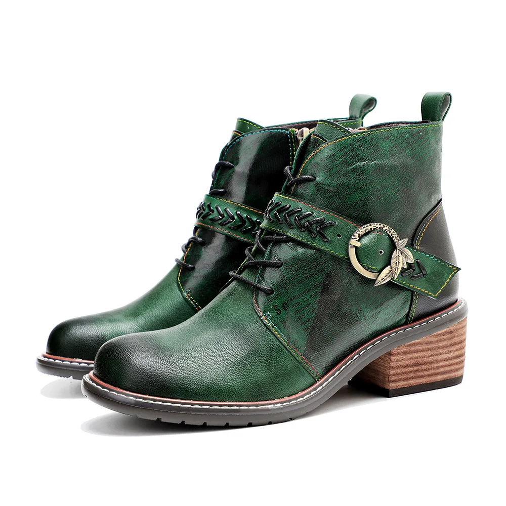 Socofy Raffan Hand rubbed color leather vintage British style comfortable chunky heel green ankle boots