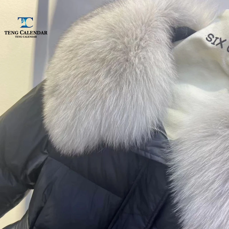 Chaqueta de plumón con cuello de piel de zorro auténtica de gran tamaño, chaqueta de cintura suelta y gruesa de longitud media a larga, nueva colección de invierno para mujer