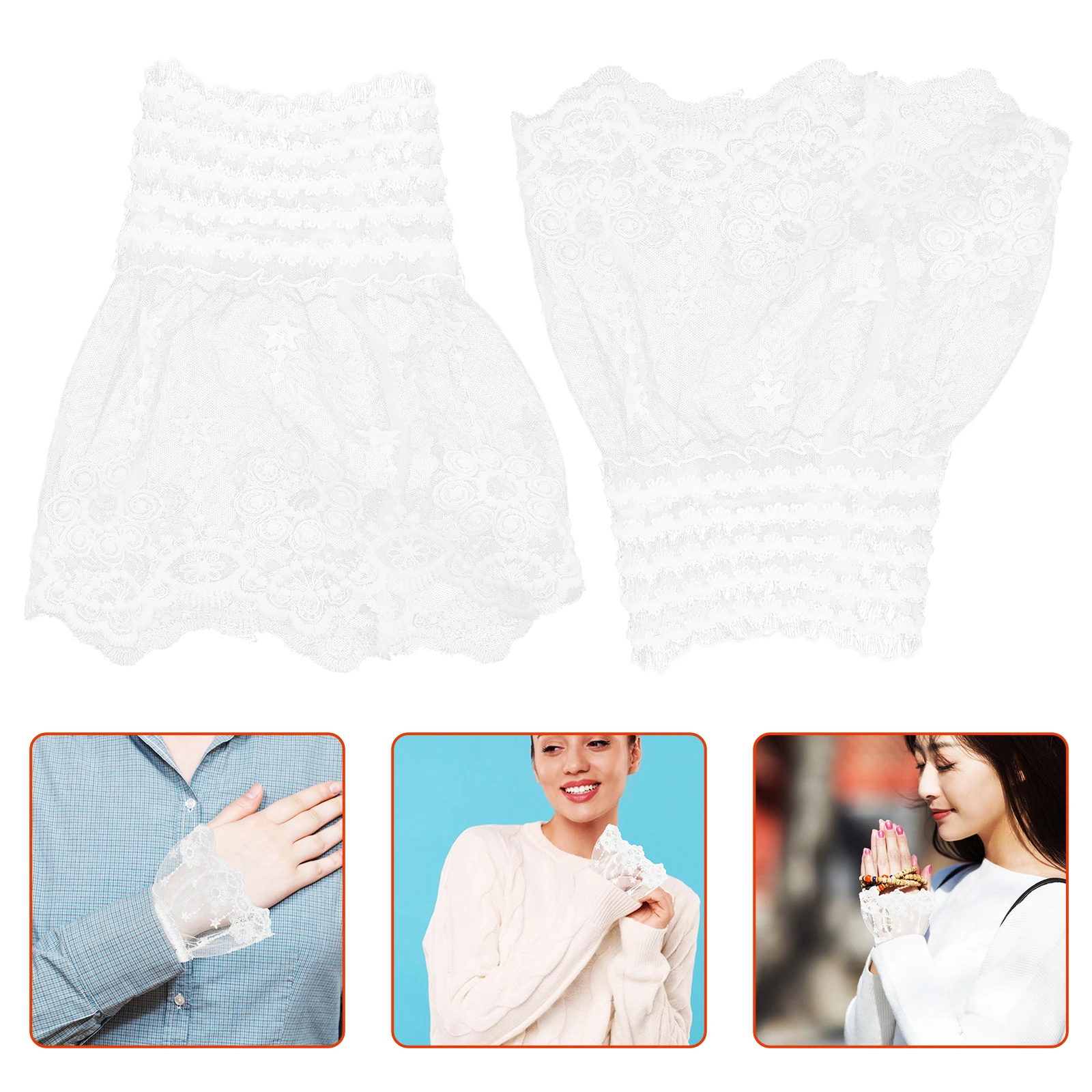 الدانتيل المعصم الكفة الأكمام كاذبة النسيج H الأصفاد للنساء اللون الأبيض 3D الأزهار الزينة مادة القطن مريحة