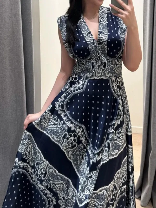 

Летнее длинное платье-жилет с завышенной талией, V-образным вырезом и принтом, с завязками, для высоких женщин, модное летнее платье DBNY 2025