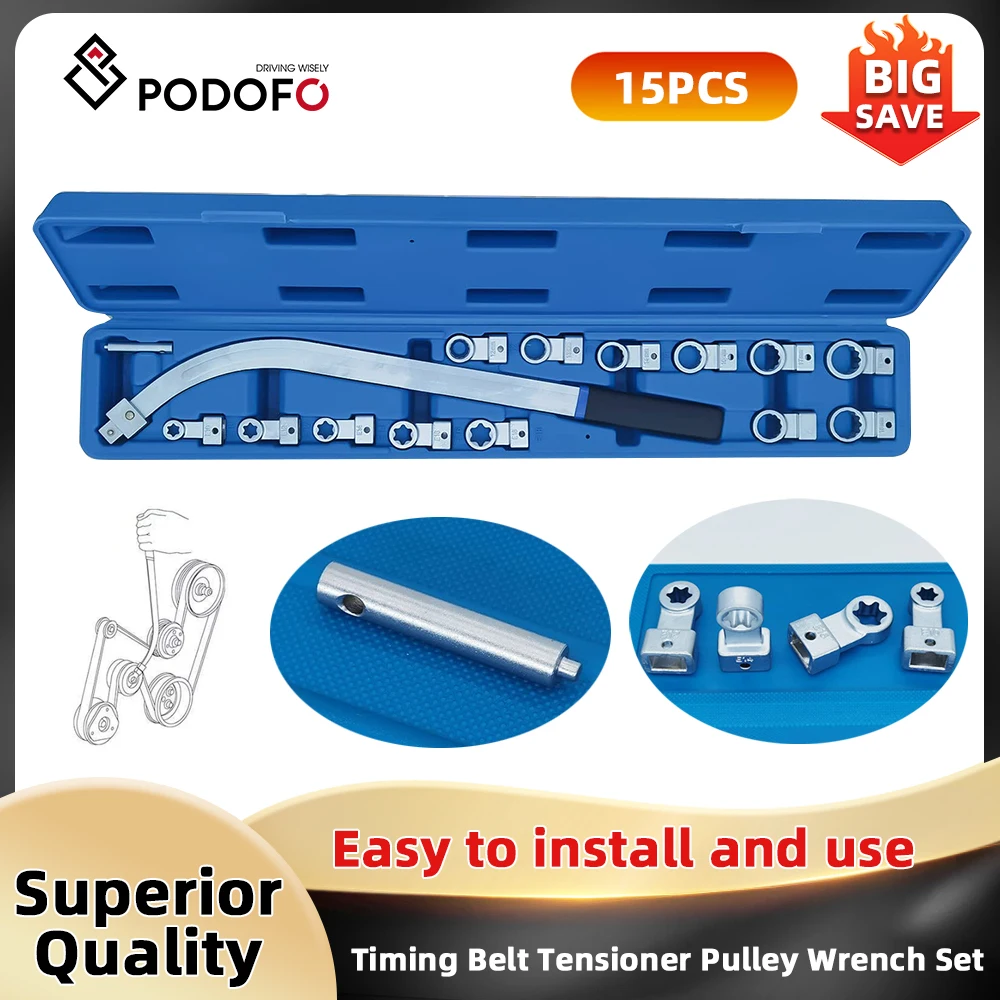 Podofo 15 pièces jeu de clés de tendeur de courroie Interchangeables 12-19mm Kit de courroie de distribution auxiliaire E10 E12 E14 E16 E18 outil de réparation automobile