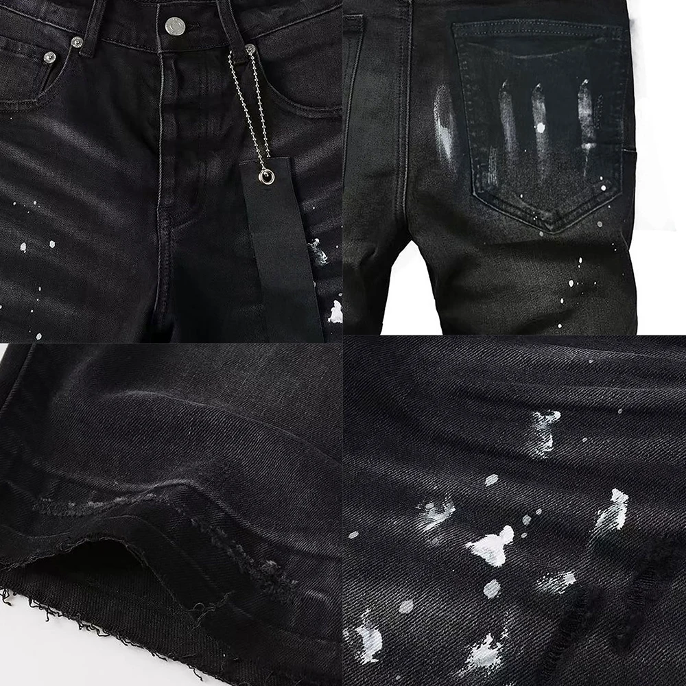 Men Jorts Stretch Black Denim Shorts Splash Ink Paint Raw Hem Knee Length Jean Shorts Summer Vintage Distressed Streetwear view 5