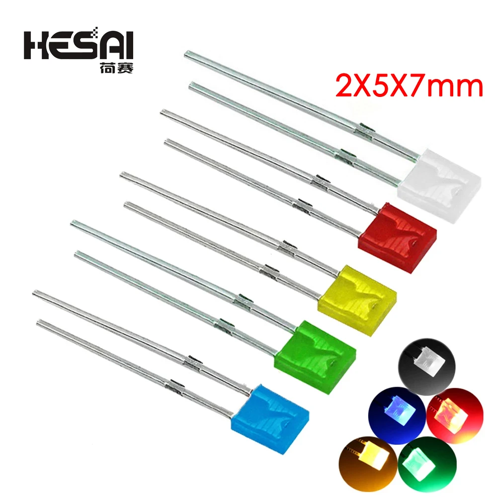 100PCS/lot 2x5x7 Square 5-Color Short-LEG Light-Emitting Diode LED In-Line Lamp Beads Diy Kit Diffused