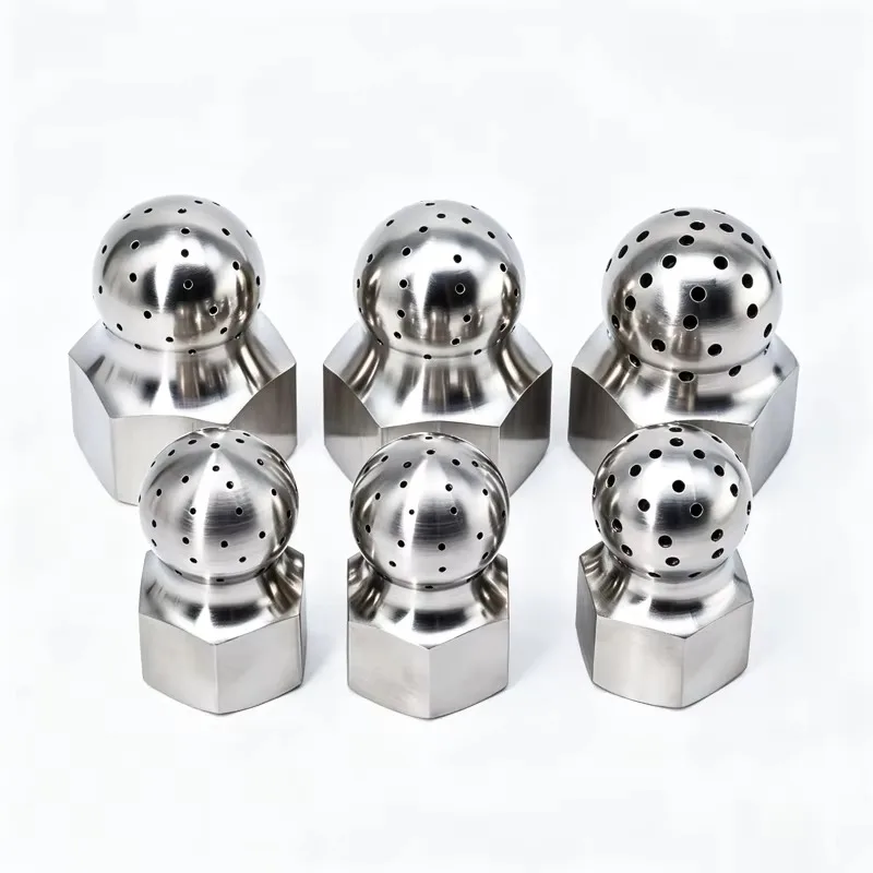 Silver metal rotating spray ball with hexagonal base for 360-degree high-pressure cleaning in industrial tanks and CIP systems